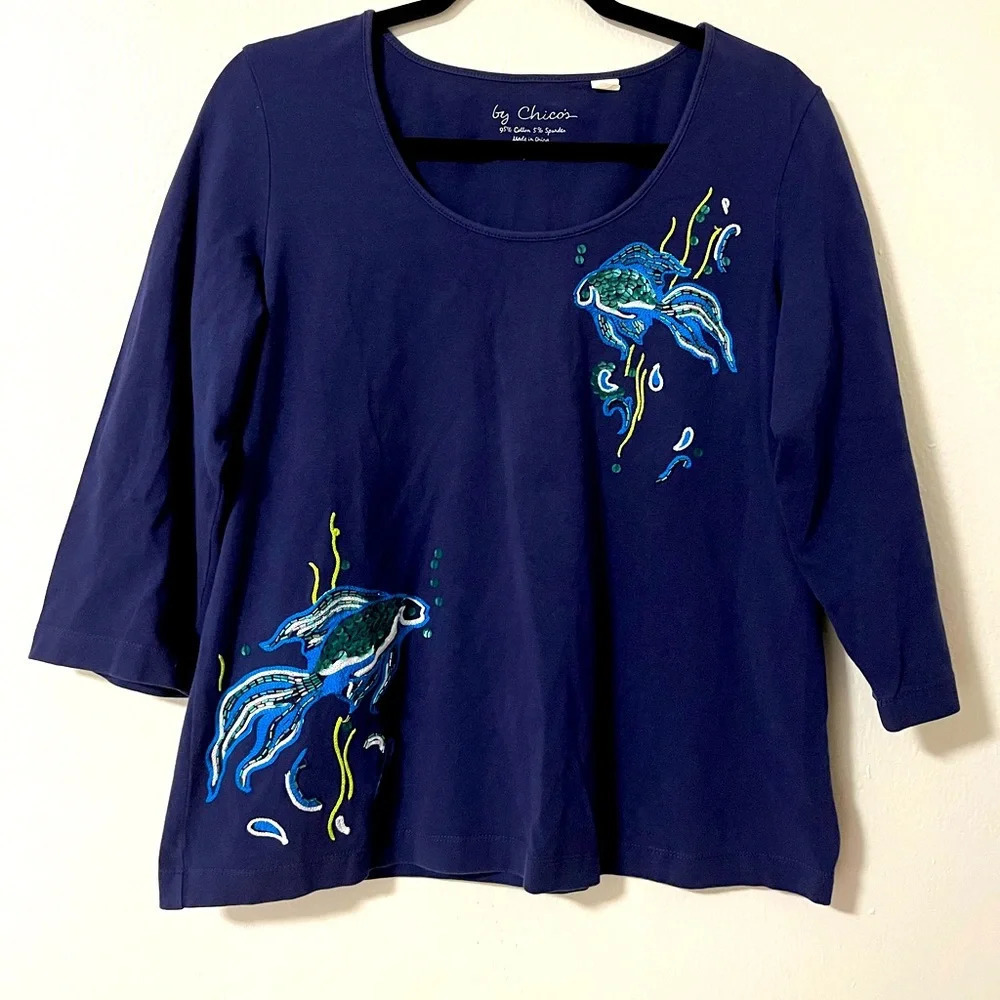 Chicos beaded top tropical fish appliqué gorgeous bead work women’s size 2